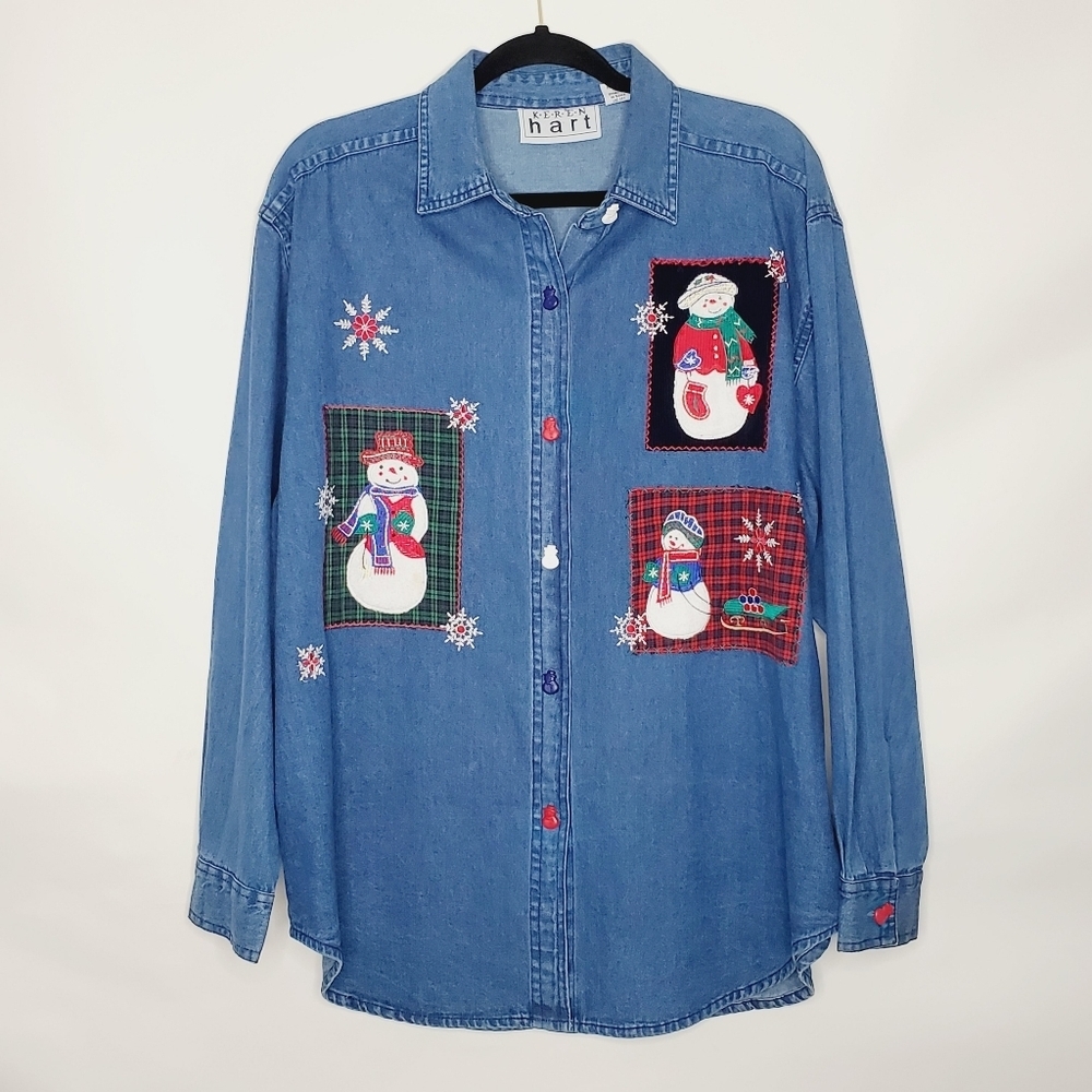 Vintage Denim Embroidered Snowflake Shirt Large Cotton Snowman Buttons Christmas